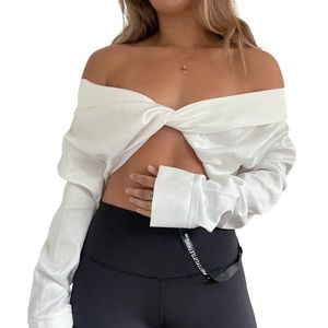 White Satin Bardot Twist Front Crop Blouse